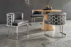 Stilvoller Stuhl ELEGANCE grau Samt silber Edelstahl mit Armlehne
