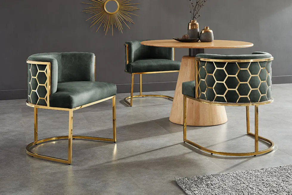Stilvoller Stuhl ELEGANCE grün Samt gold Edelstahl mit Armlehne