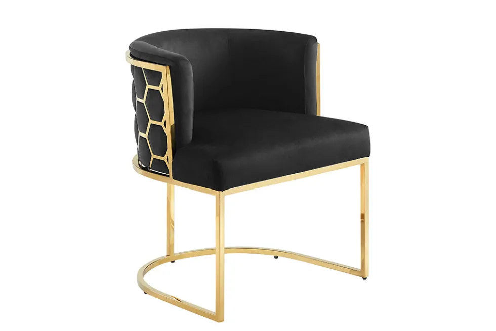 Stilvoller Stuhl ELEGANCE schwarz Samt gold Edelstahl mit Armlehne