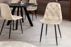 Stilvoller Stuhl GLAMM champagner beige Samt mit Rauten-Steppung schwarz Metall