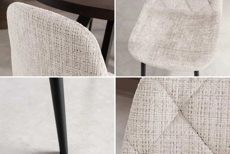 Stilvoller Stuhl GLAMM champagner beige Chenille Cremona mit Rauten-Steppung schwarz Metall