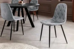 Stilvoller Stuhl GLAMM grau Chenille Cremona mit Rauten-Steppung schwarze Metallbeine