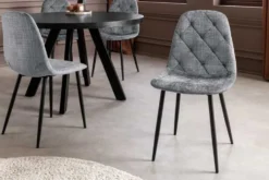 Stilvoller Stuhl GLAMM grau Chenille Cremona mit Rauten-Steppung schwarze Metallbeine