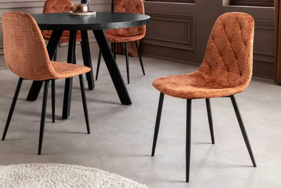 Stilvoller Stuhl GLAMM rost braun Chenille Cremona Rauten-Steppung schwarz Metall