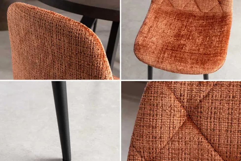 Stilvoller Stuhl GLAMM rost braun Chenille Cremona Rauten-Steppung schwarz Metall