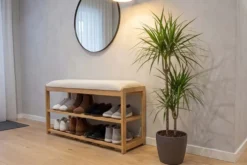Stilvolle Schuhbank ZEN-BO 80cm natur beige Bambus Regal Sitzbank mit Stauraum