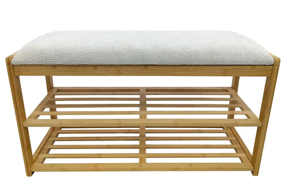 Stilvolle Schuhbank ZEN-BO 80cm natur beige Bambus Regal Sitzbank mit Stauraum