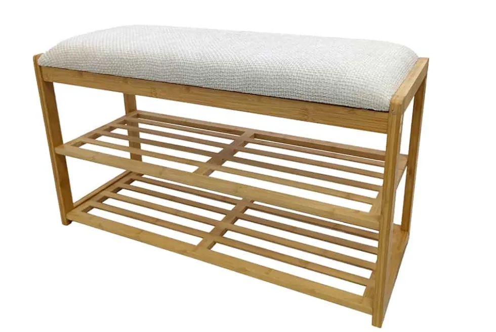 Stilvolle Schuhbank ZEN-BO 80cm natur beige Bambus Regal Sitzbank mit Stauraum