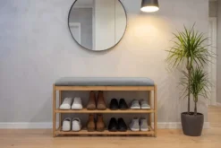 Stilvolle Schuhbank ZEN-BO 80cm natur grau Bambus Regal Sitzbank mit Stauraum