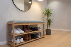 Stilvolle Schuhbank ZEN-BO 80cm natur grau Bambus Regal Sitzbank mit Stauraum
