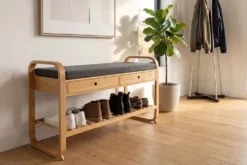 Stilvolle Schuhbank ZEN-BO 100cm natur grau Bambus Regal Sitzbank mit Schubladen
