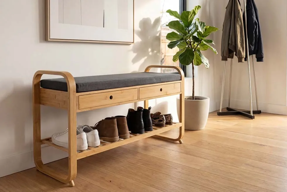 Stilvolle Schuhbank ZEN-BO 100cm natur grau Bambus Regal Sitzbank mit Schubladen
