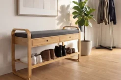 Stilvolle Schuhbank ZEN-BO 100cm natur grau Bambus Regal Sitzbank mit Schubladen