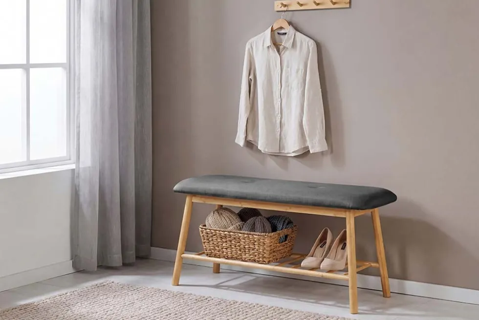 Stilvolle Schuhbank ZEN-BO 90cm natur grau Bambus Regal Sitzbank mit Stauraum