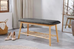Stilvolle Schuhbank ZEN-BO 90cm natur grau Bambus Regal Sitzbank mit Stauraum