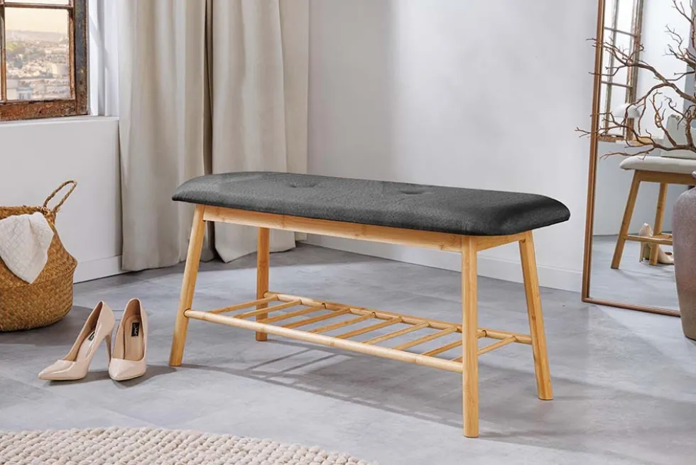 Stilvolle Schuhbank ZEN-BO 90cm natur grau Bambus Regal Sitzbank mit Stauraum