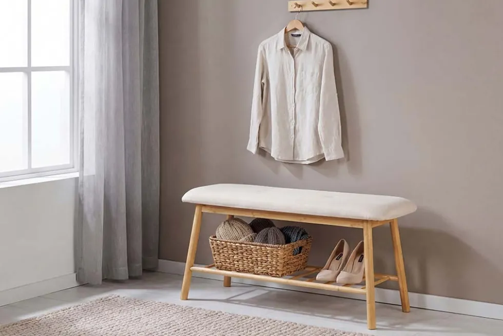 Stilvolle Schuhbank ZEN-BO 90cm natur beige Bambus Regal Sitzbank mit Stauraum