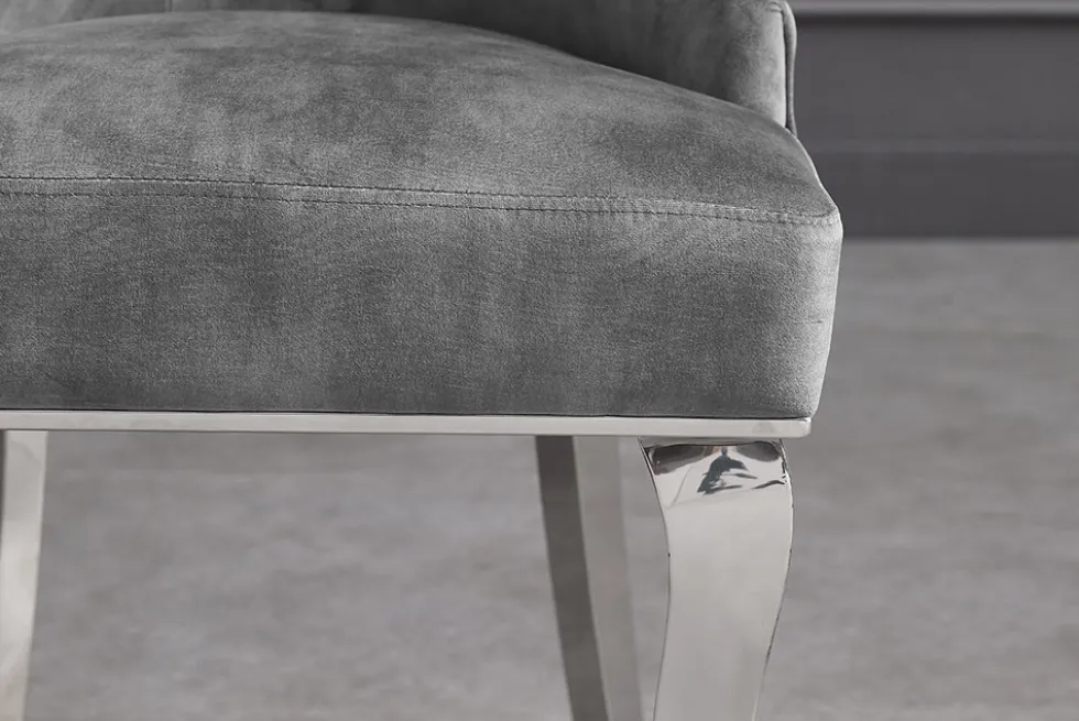 Stuhl MODERN BAROCK DELUXE grau Samt silber Edelstahlbeine mit Löwenkopf