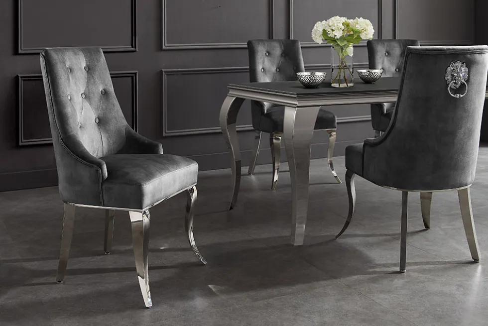Stuhl MODERN BAROCK DELUXE grau Samt silber Edelstahlbeine mit Löwenkopf