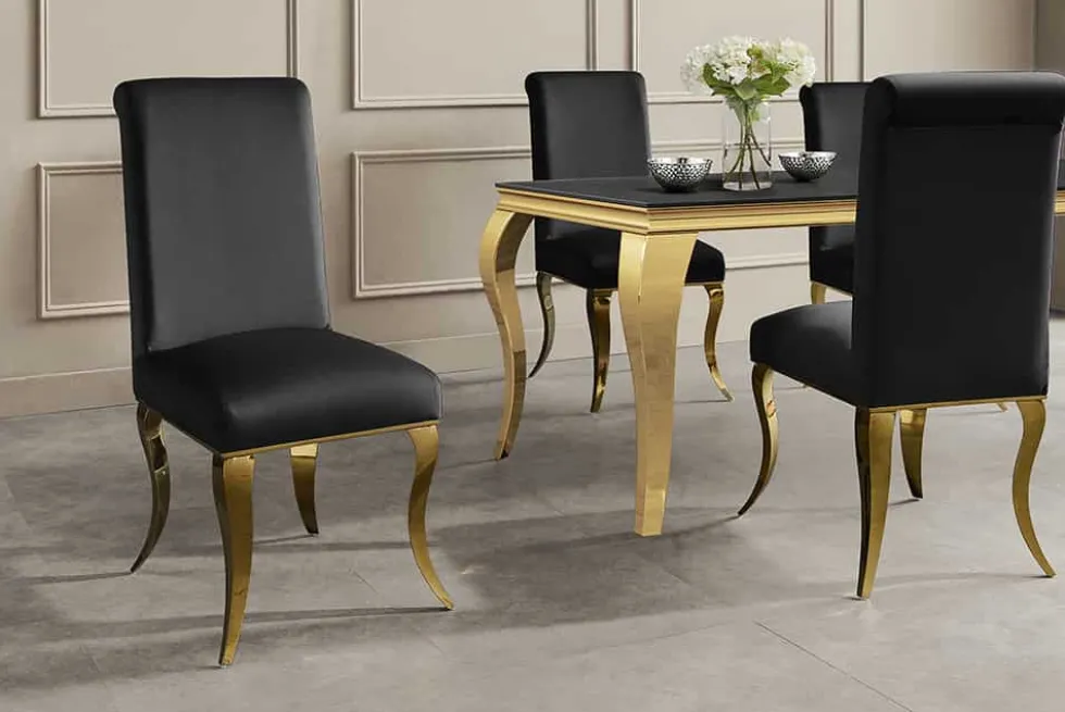 Stuhl MODERN BAROCK DELUXE schwarz Samt mit goldenen Edelstahlbeinen