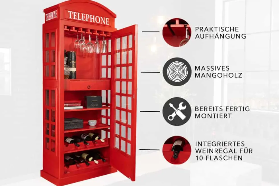 Vintage Barschrank TELEPHONE 200cm rot Mangoholz massiv englische Telefonzelle Vitrine