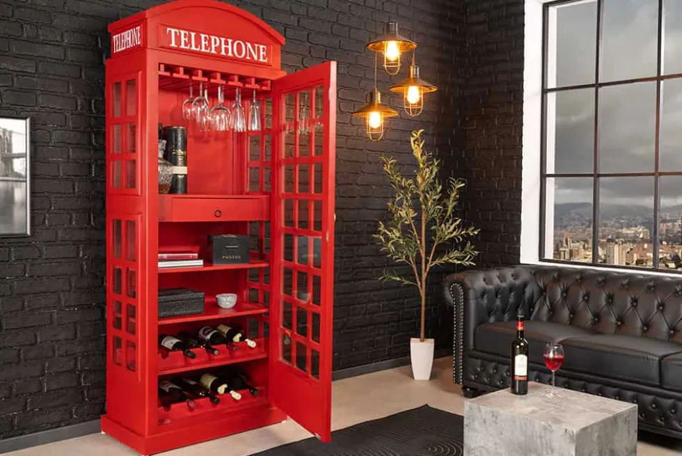 Vintage Barschrank TELEPHONE 200cm rot Mangoholz massiv englische Telefonzelle Vitrine