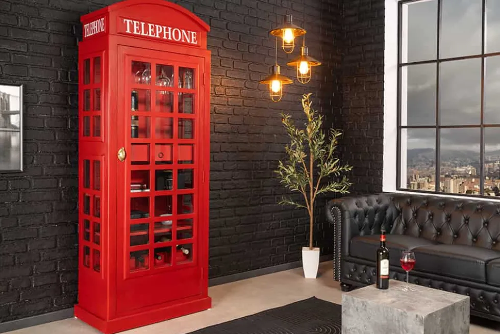 Vintage Barschrank TELEPHONE 200cm rot Mangoholz massiv englische Telefonzelle Vitrine