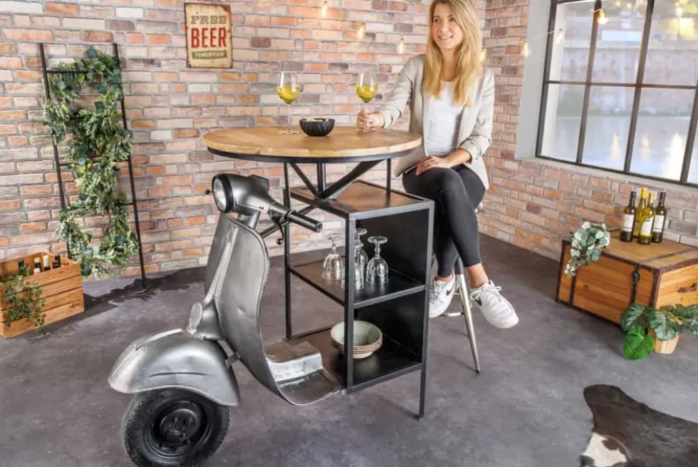 Vintage Bartisch UPCYCLING SCOOTER 120cm silber Mangoholz rund handmade