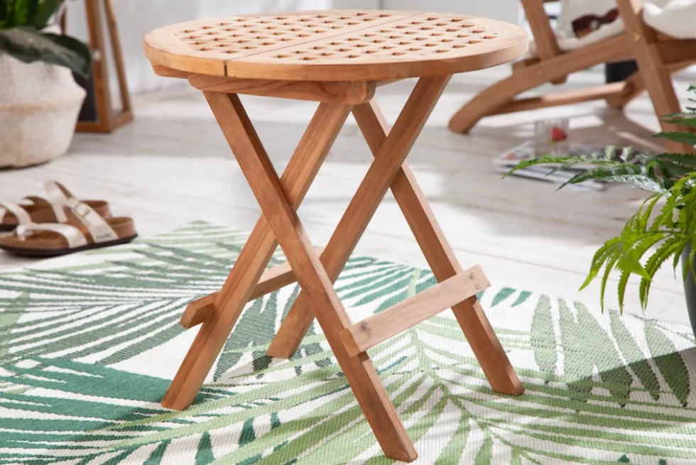 Wetterfester Beistelltisch EMPIRE TEAK 50cm Massivholz rund klappbar Outdoor Gartentisch