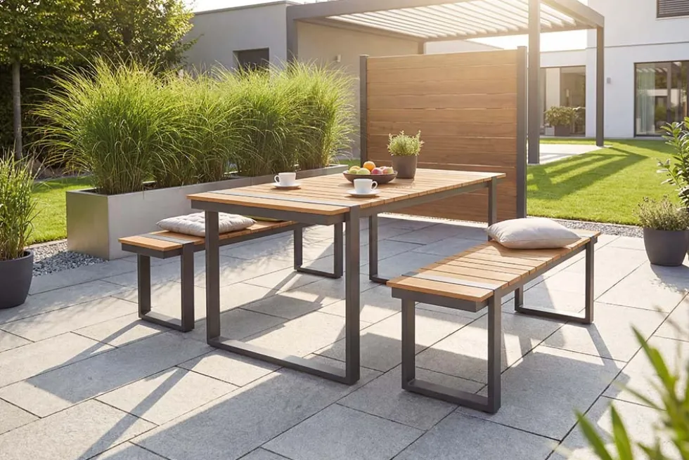Wetterfester Gartentisch TAMPA LOUNGE 125cm grau natur Aluminium Metall Holz-Design Outdoor