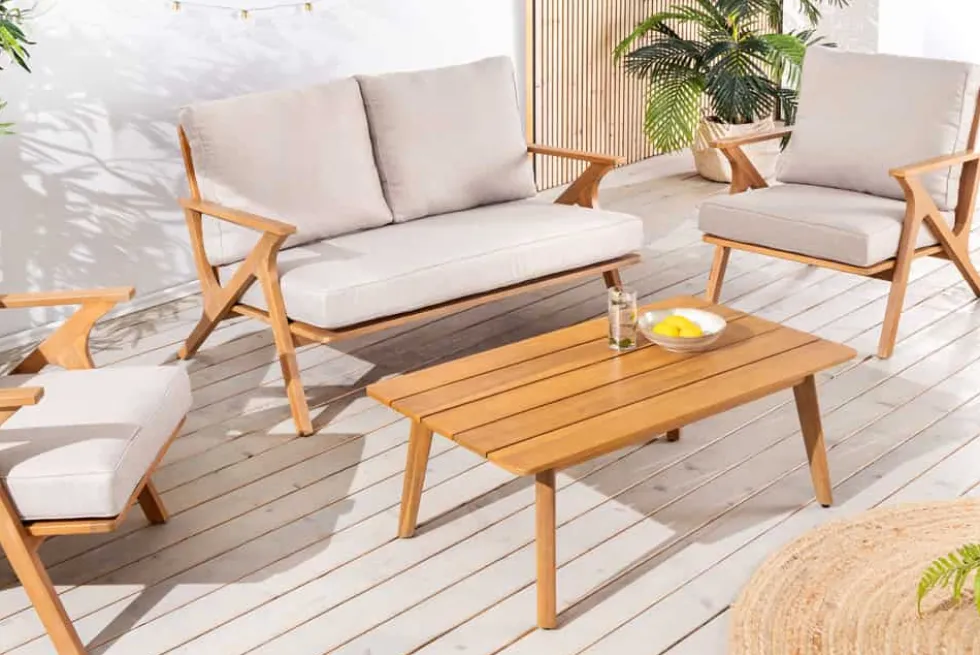 Wetterfestes Gartenlounge-Set COMFORT LINE natur beige Akazie 4-teilig inkl. Tisch