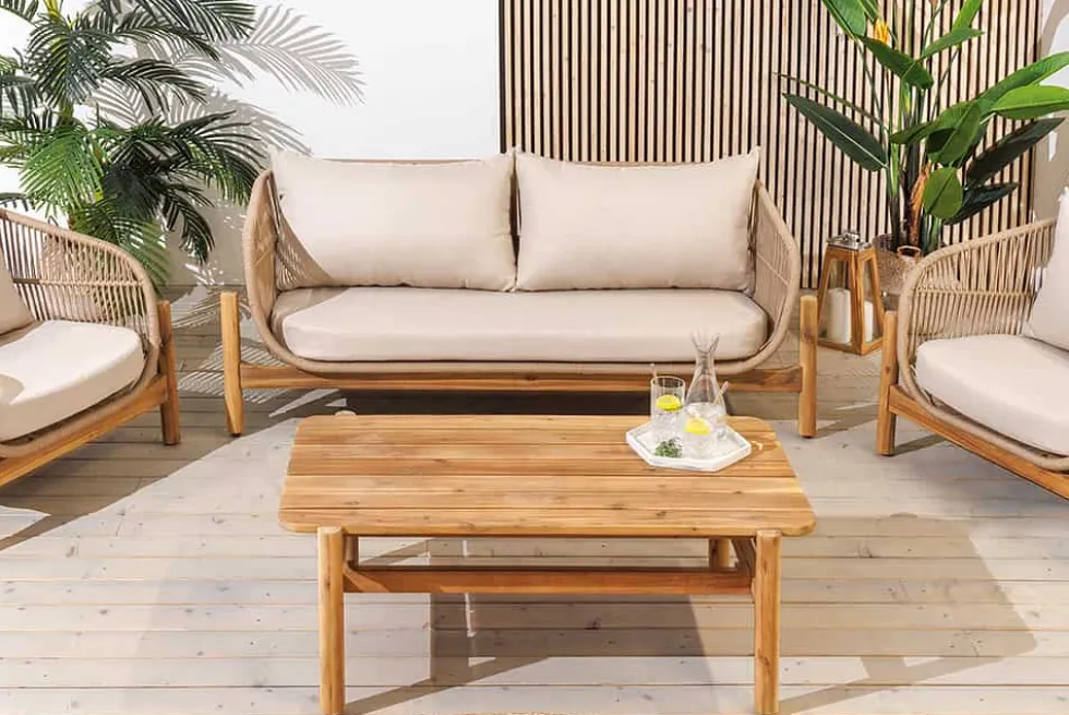 Wetterfestes Gartenlounge Set ROPE natur beige Akazienholz Aluminium inkl. Tisch Sitzpolster