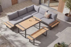 Wetterfestes Gartenmöbel Set TAMPA LOUNGE 250cm grau Aluminium inkl. Sitzbank Tisch Kissen