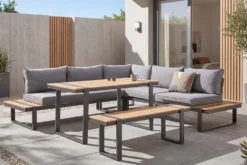Wetterfestes Gartenmöbel Set TAMPA LOUNGE 250cm grau Aluminium inkl. Sitzbank Tisch Kissen