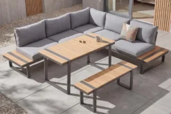 Wetterfestes Gartenmöbel Set TAMPA LOUNGE 250cm grau Aluminium inkl. Sitzbank Tisch Kissen