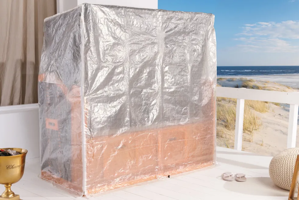 Wetterfeste XXL Strandkorbhülle OSTSEE transparent mit Reißverschluss für 3-Sitzer