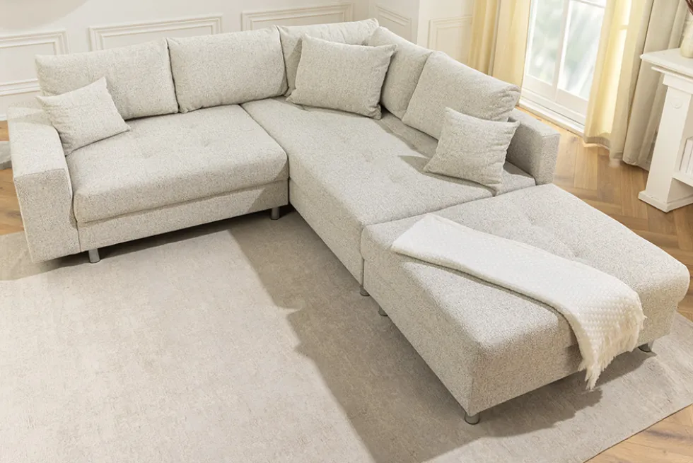 Wohnlandschaft KENT 220cm beige Strukturstoff Ecksofa Federkern inkl. Hocker