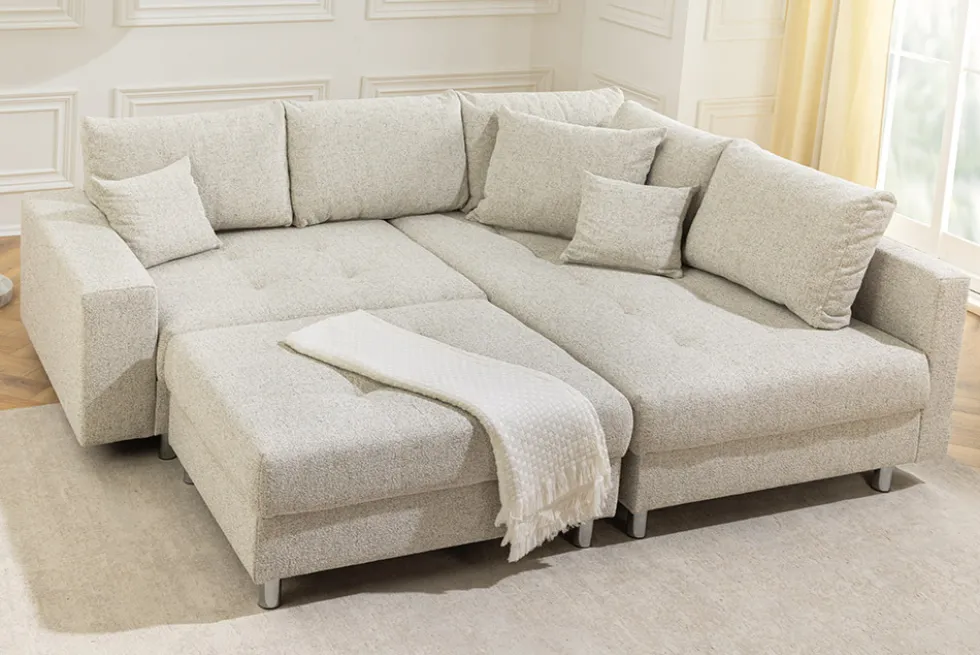 Wohnlandschaft KENT 220cm beige Strukturstoff Ecksofa Federkern inkl. Hocker