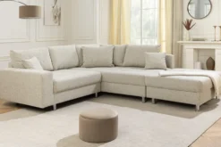 Wohnlandschaft KENT 220cm beige Strukturstoff Ecksofa Federkern inkl. Hocker