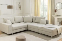 Wohnlandschaft KENT 220cm beige Strukturstoff Ecksofa Federkern inkl. Hocker