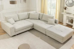 Wohnlandschaft KENT 220cm beige Strukturstoff Ecksofa Federkern inkl. Hocker
