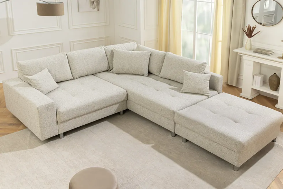 Wohnlandschaft KENT 220cm beige Strukturstoff Ecksofa Federkern inkl. Hocker