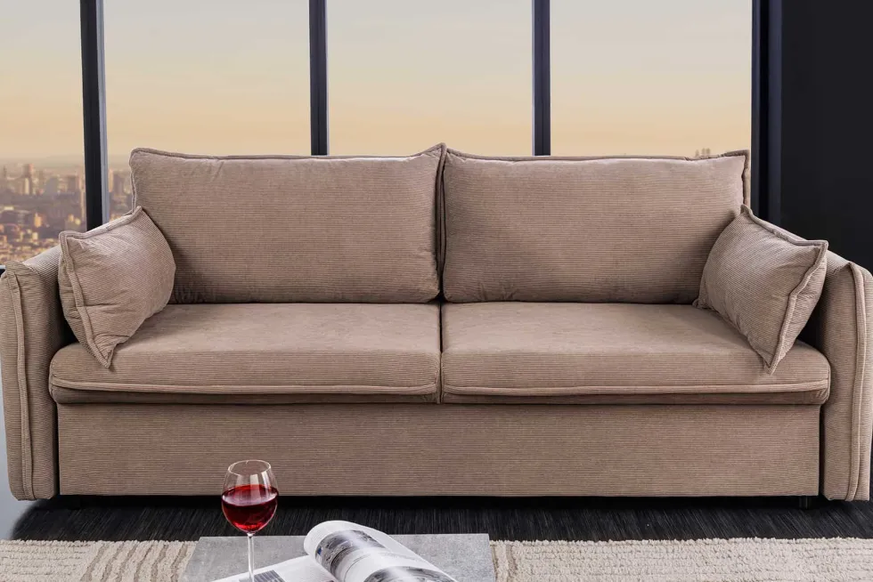 XXL Sofa mit Schlaffunktion APARTMENT taupe Cord inkl. Bettkasten und Kissen