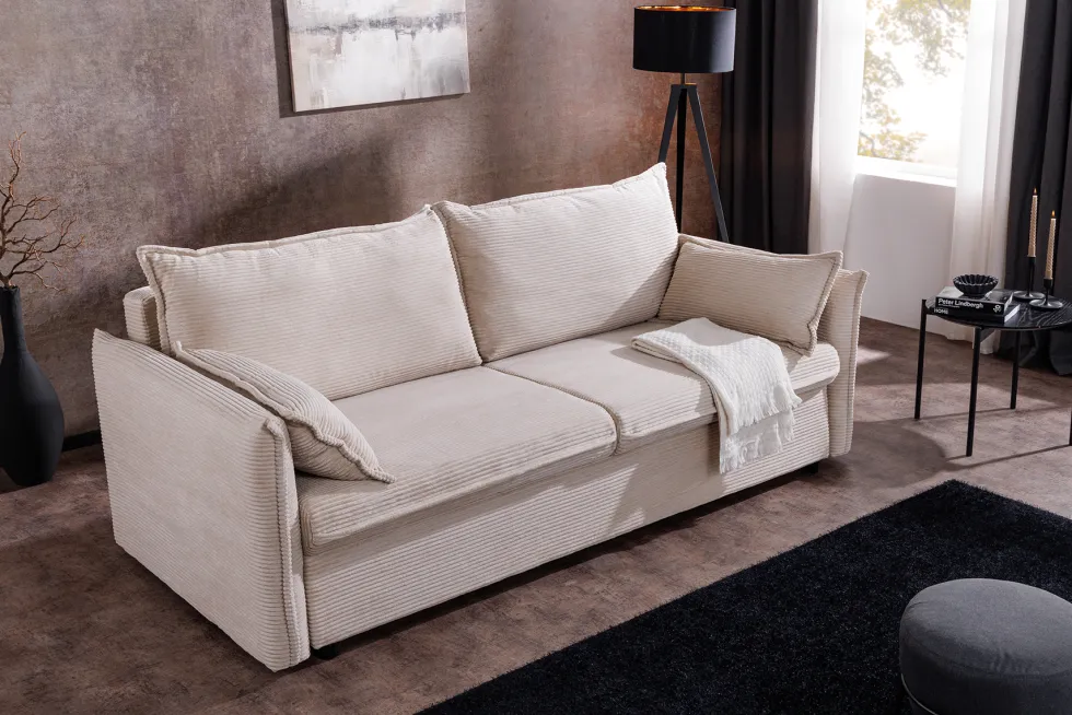 XXL Sofa mit Schlaffunktion APARTMENT beige Cord inkl. Bettkasten und Kissen