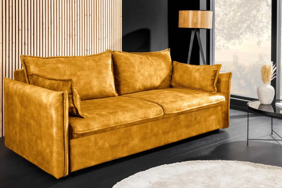 XXL Sofa mit Schlaffunktion APARTMENT senfgelb Samt inkl. Bettkasten und Kissen