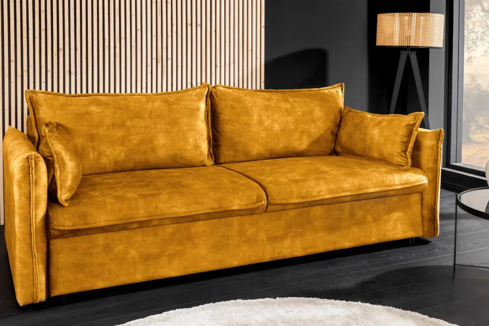 XXL Sofa mit Schlaffunktion APARTMENT senfgelb Samt inkl. Bettkasten und Kissen