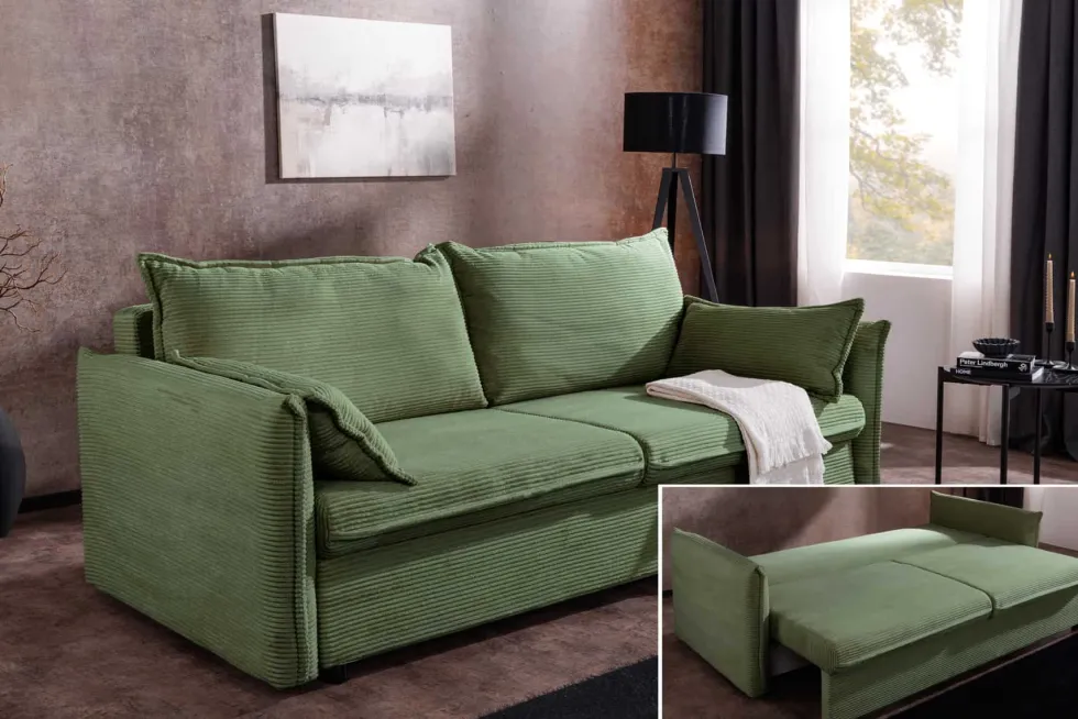 XXL Sofa mit Schlaffunktion APARTMENT grün Cord inkl. Bettkasten und Kissen