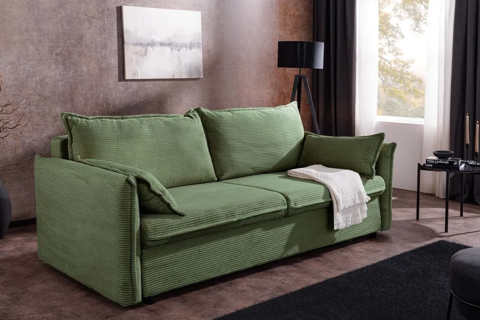 XXL Sofa mit Schlaffunktion APARTMENT grün Cord inkl. Bettkasten und Kissen