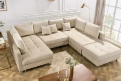 XXL Wohnlandschaft KENT 305cm champagner beige Vogue Velours Samt Federkern mit Hocker