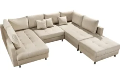XXL Wohnlandschaft KENT 305cm champagner beige Vogue Velours Samt Federkern mit Hocker